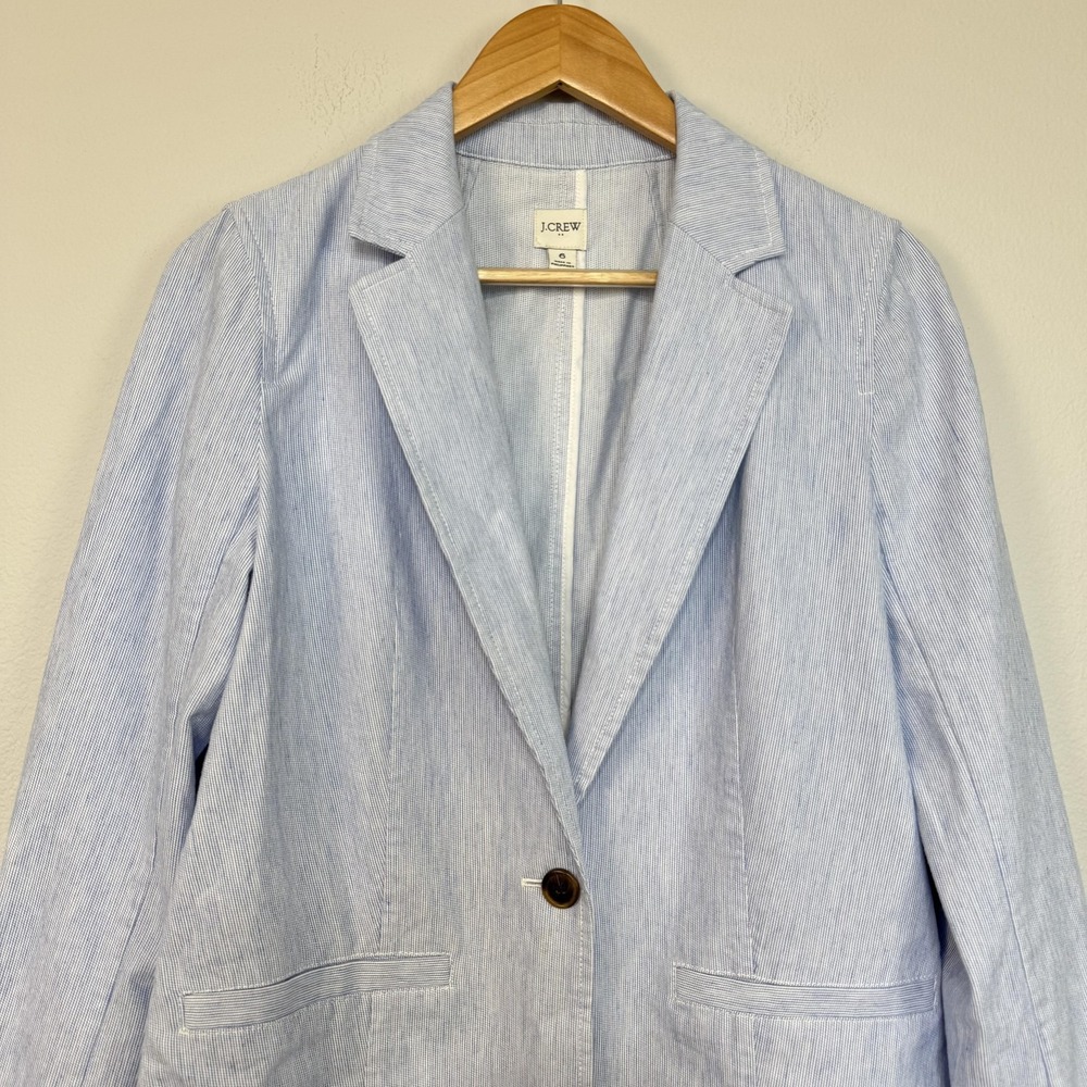 J Crew Blazer Women's 6 Blue Striped Seersucker Linen Blend Lightweight Relaxed - Picture 2 of 15